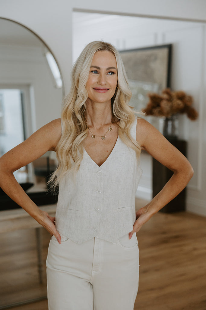 Button Down Linen Vest - Oat