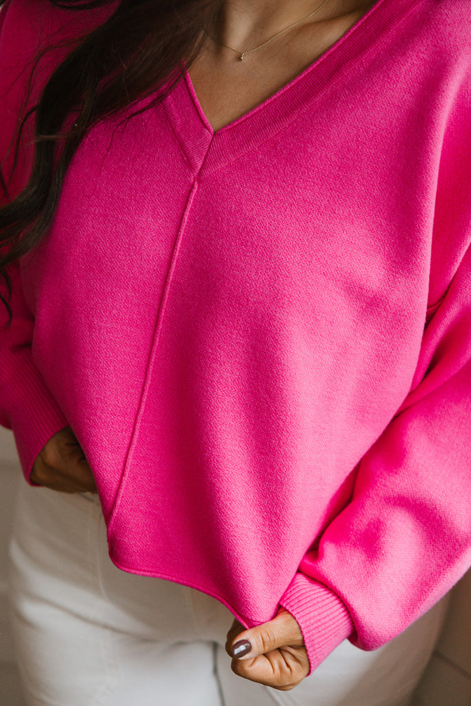 V-Neck Dolman Sleeve Sweater - Pink