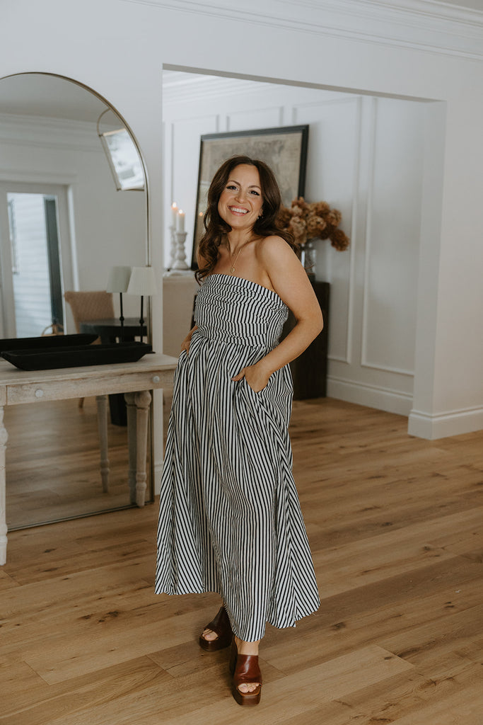 Strapless Striped Midi Dress