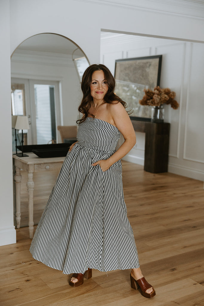 Strapless Striped Midi Dress