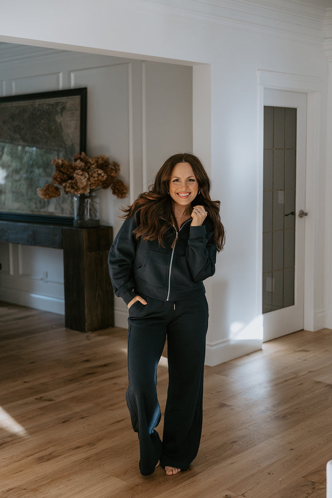 Zip Up Hoodie & Wide Leg Pant Set - Navy