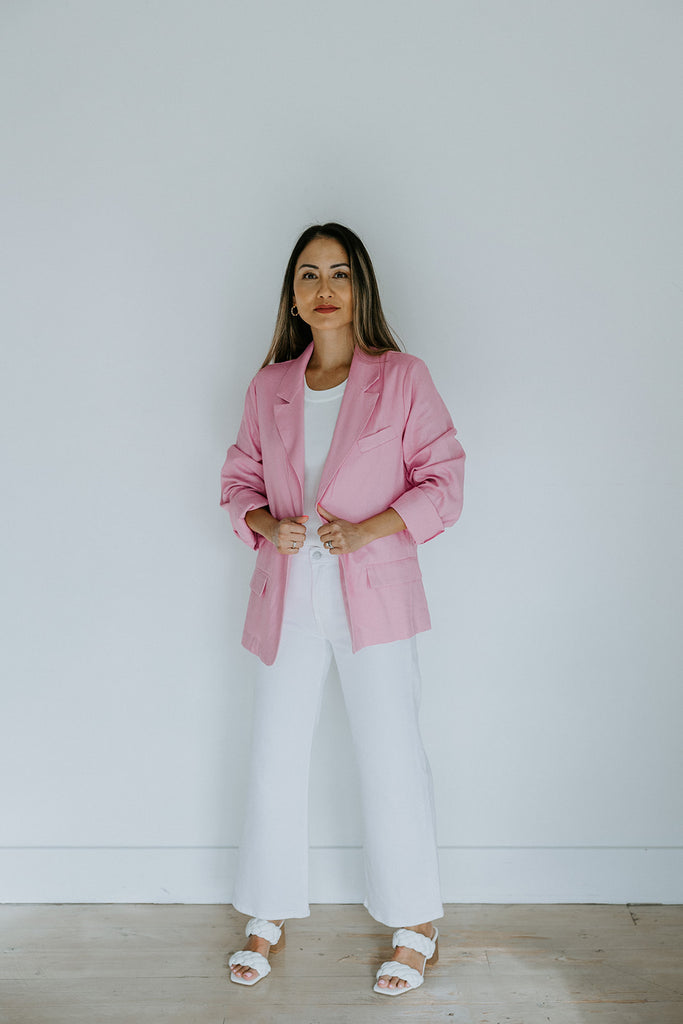Linen Blazer With Single Button - Pink