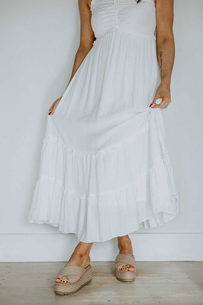 Smocked Midi Shoulder Tie Dress - White