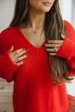 V-Neck Knit Sweater Dress - Red