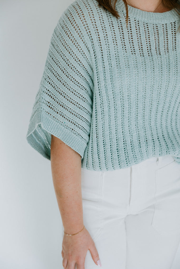 Open Knit Short Sleeve Sweater - Blue