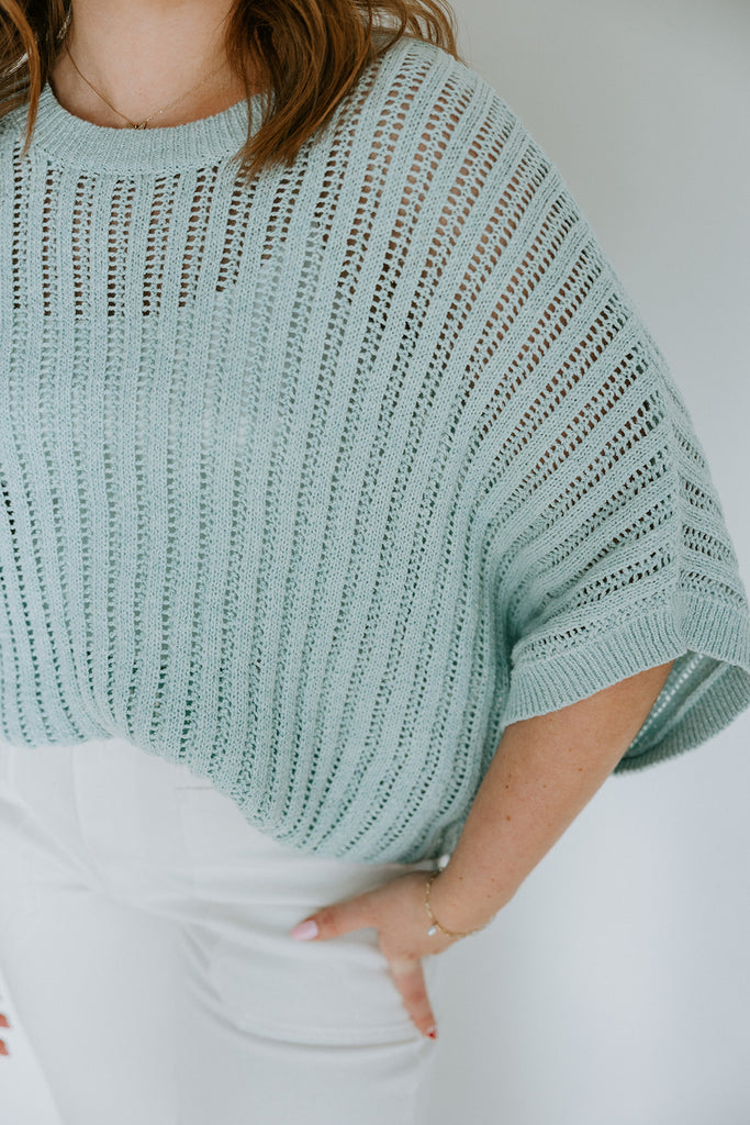 Open Knit Short Sleeve Sweater - Blue