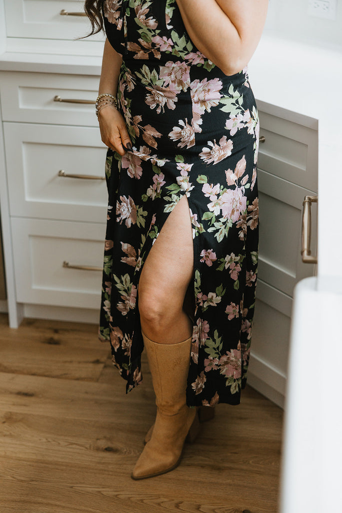 Floral Cap Sleeve Midi Dress With Slit