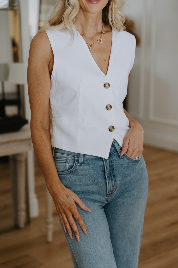 Button Up Vest - Linen - White