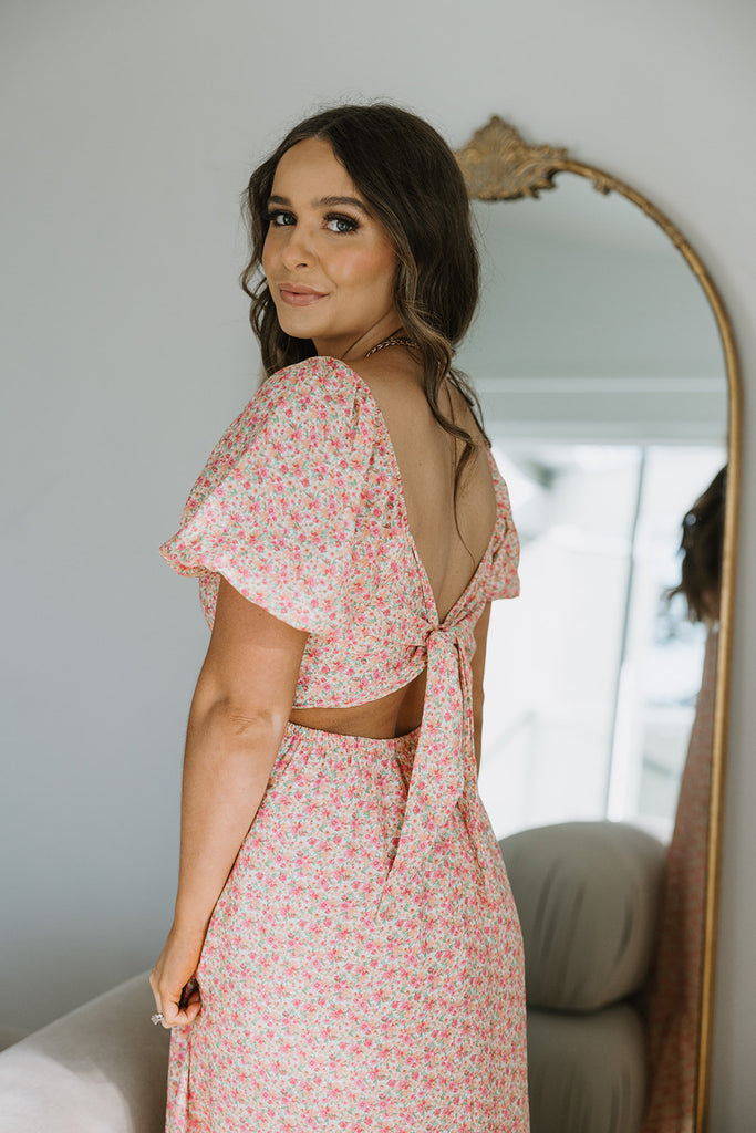 Floral Midi Dress With Open Back - Pink