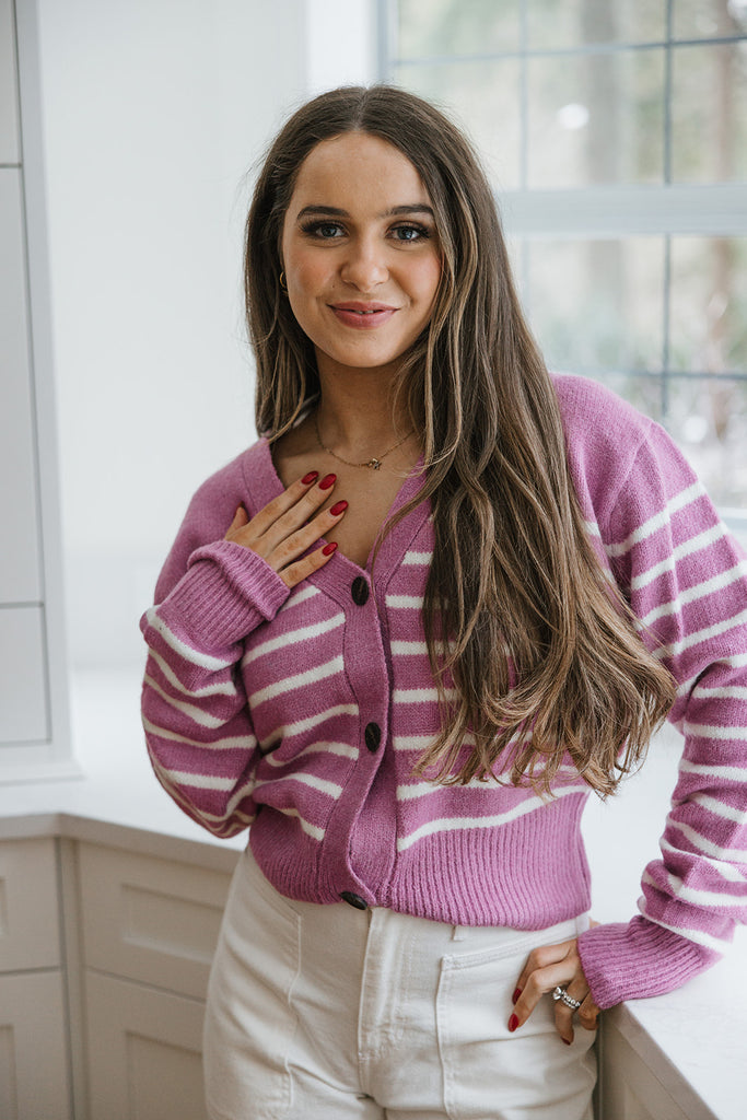 Purple & Cream Striped Cardigan