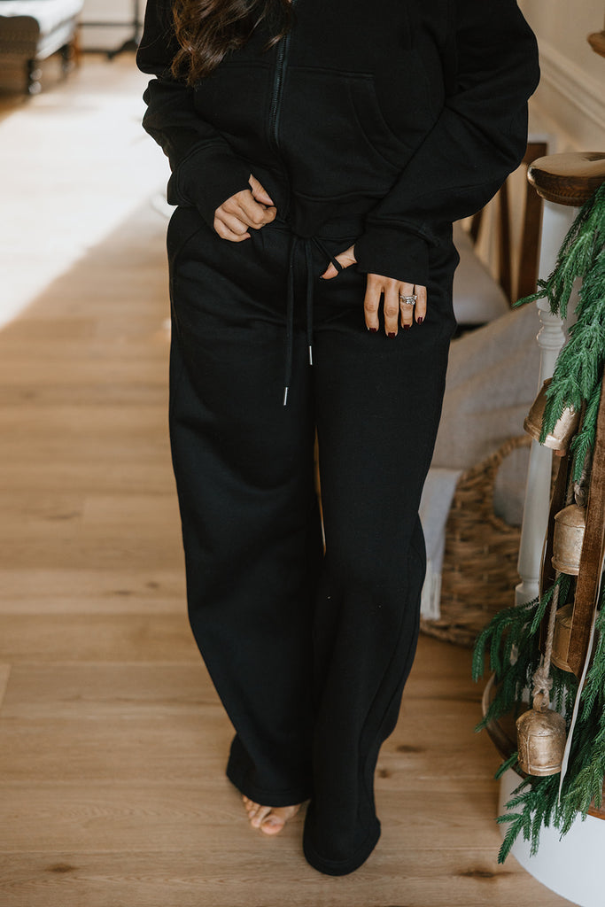 Zip Up Hoodie & Wide Leg Pant - Black