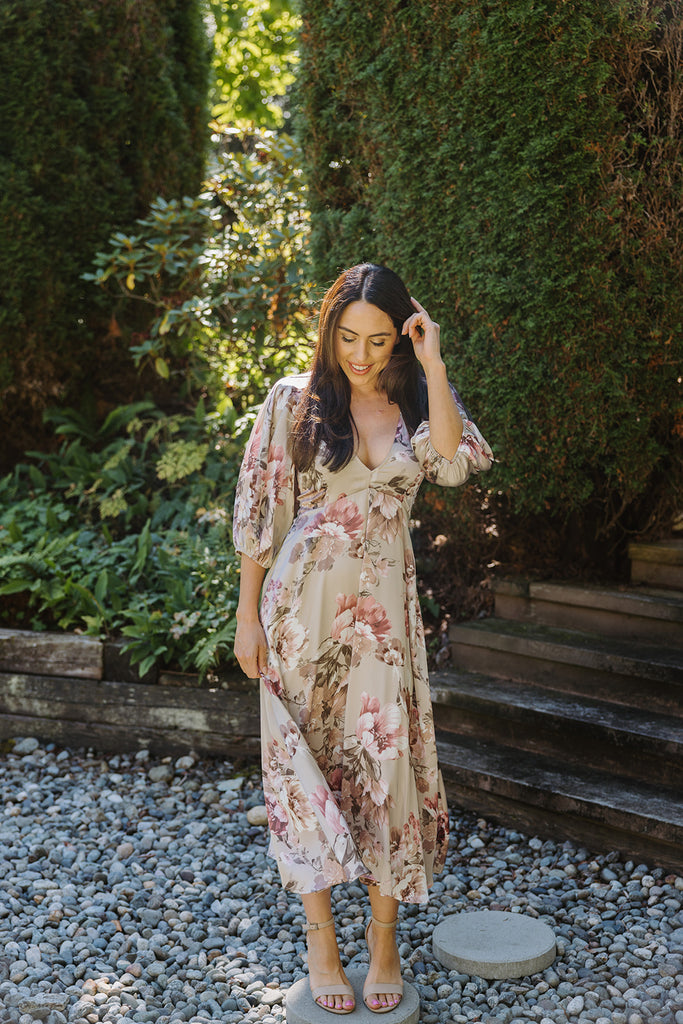 Floral Puff Sleeve Midi - Taupe