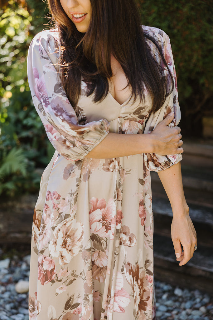 Floral Puff Sleeve Midi - Taupe