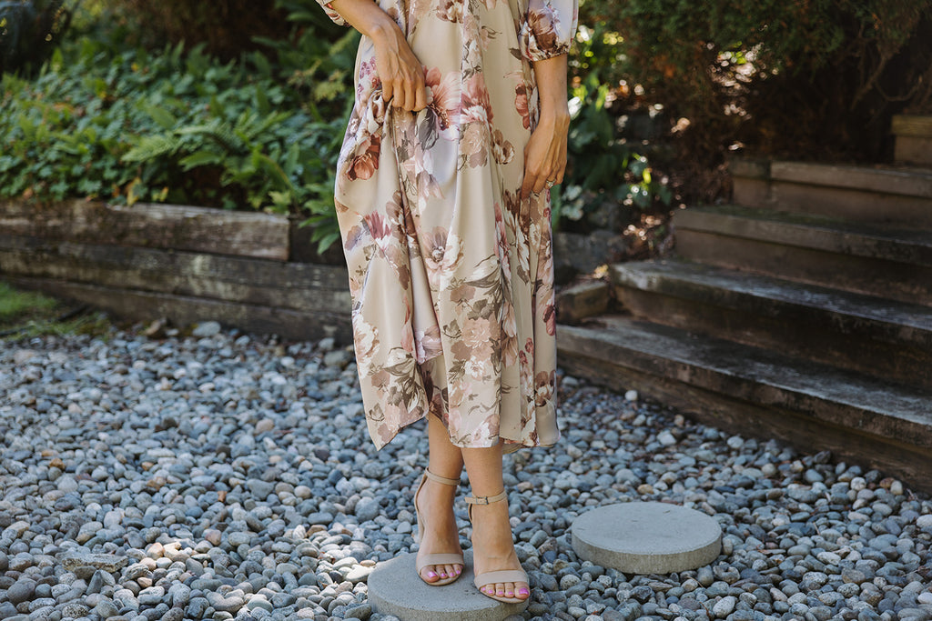 Floral Puff Sleeve Midi - Taupe