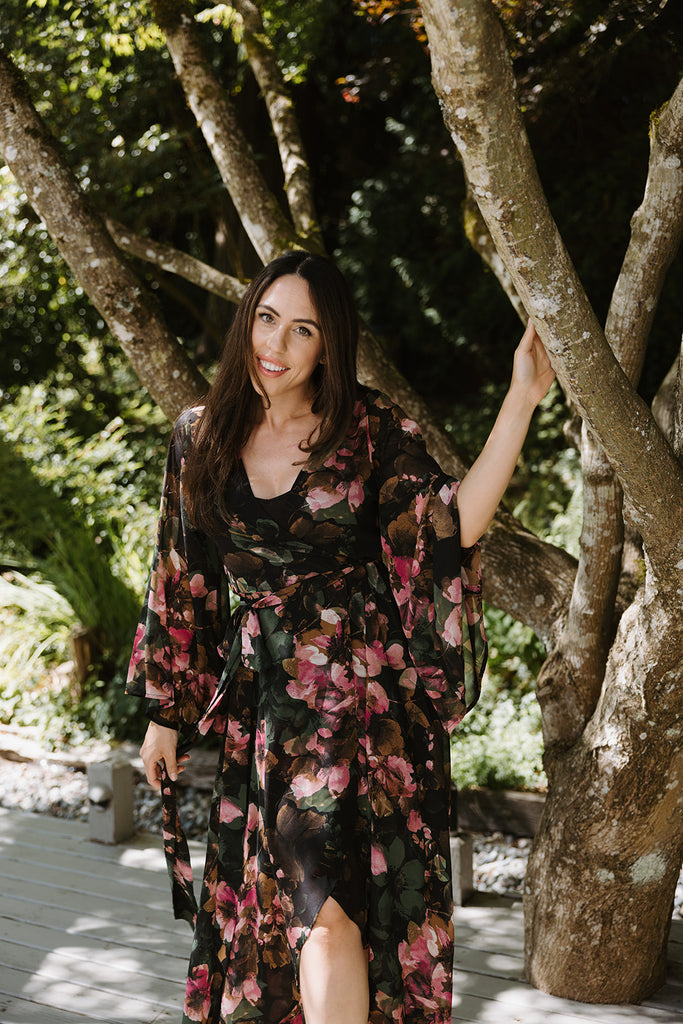 Fall Floral Wrap Dress - Green