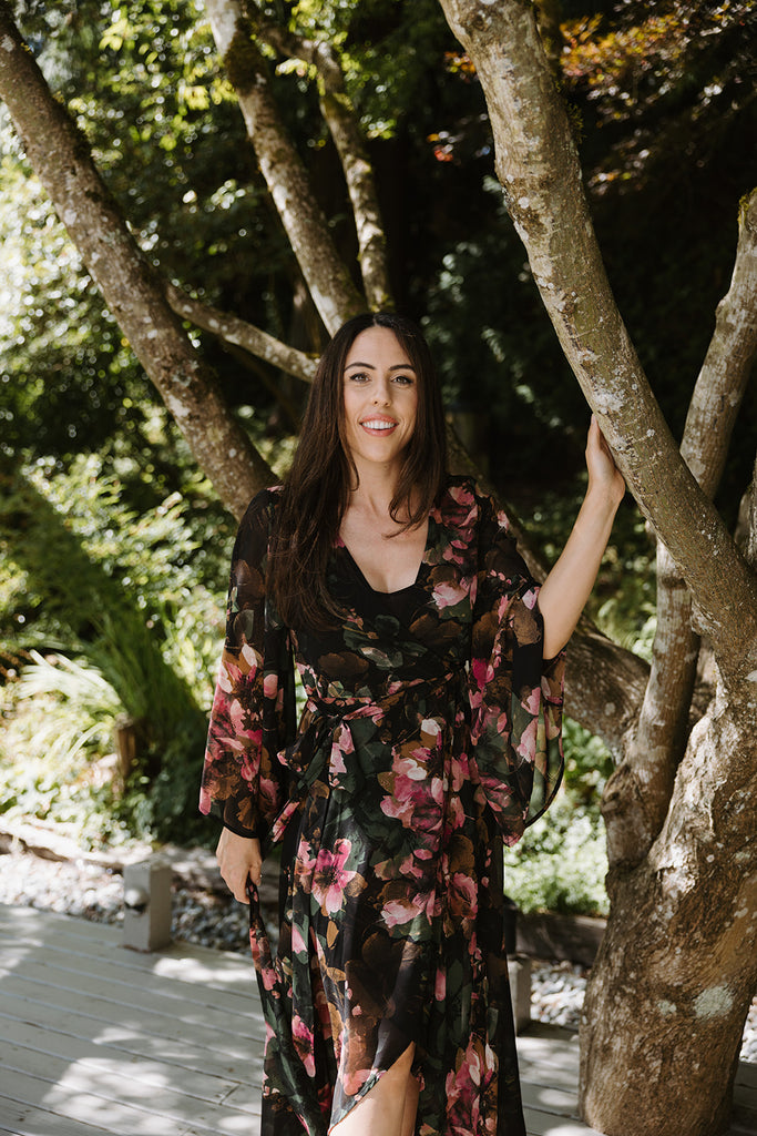 Fall Floral Wrap Dress - Green