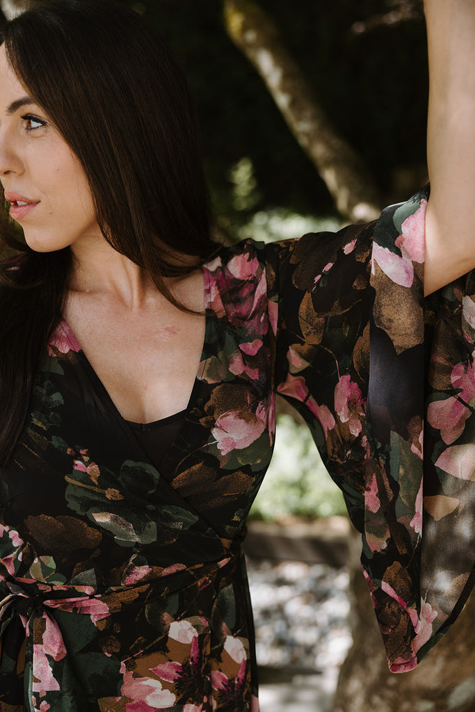 Fall Floral Wrap Dress - Green