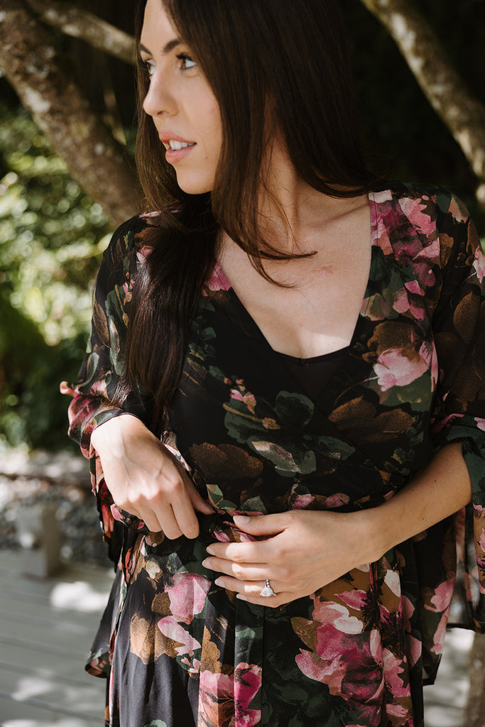Fall Floral Wrap Dress - Green