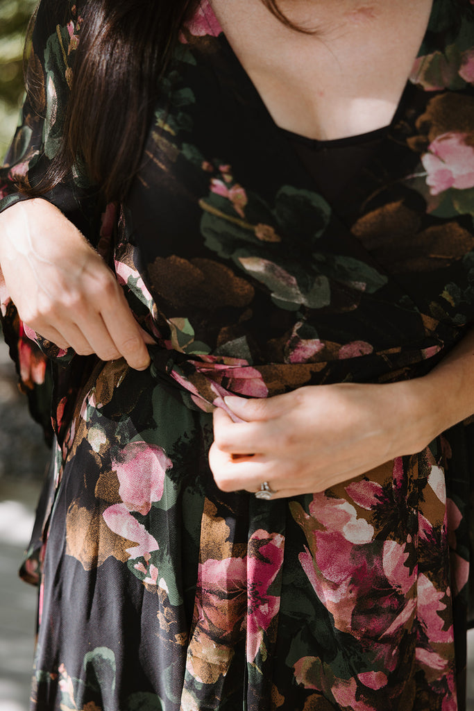Fall Floral Wrap Dress - Green
