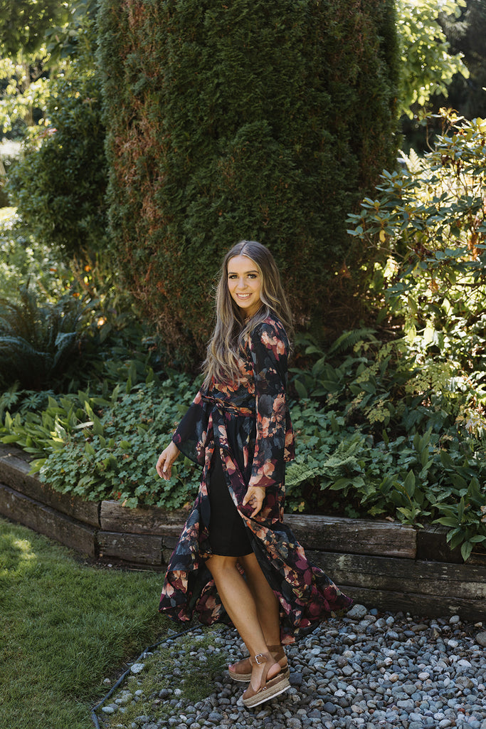 Fall Floral Wrap Dress - Burgundy