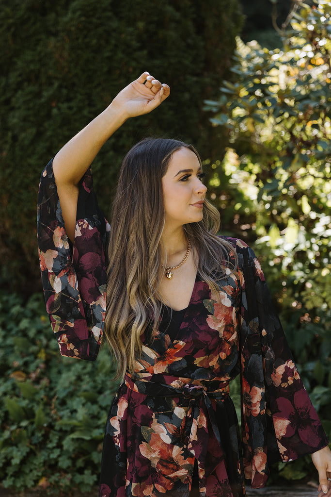 Fall Floral Wrap Dress - Burgundy