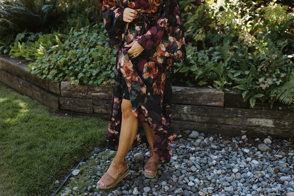 Fall Floral Wrap Dress - Burgundy