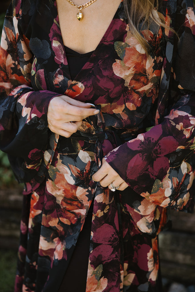 Fall Floral Wrap Dress - Burgundy