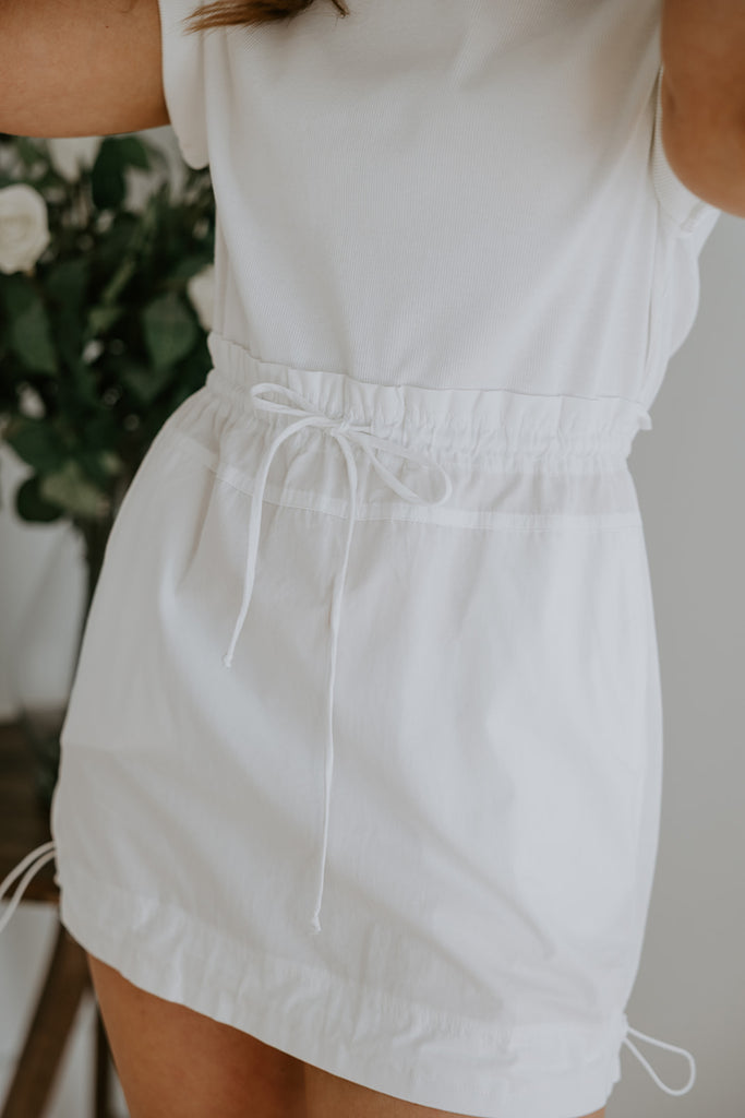 Mixed Material Knit/Poplin Dress - White