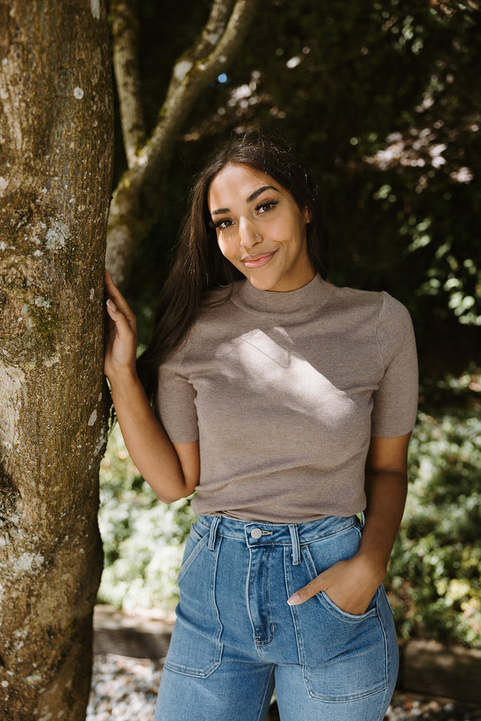 Mock Neck Short Sleeve Sweater - Mocha