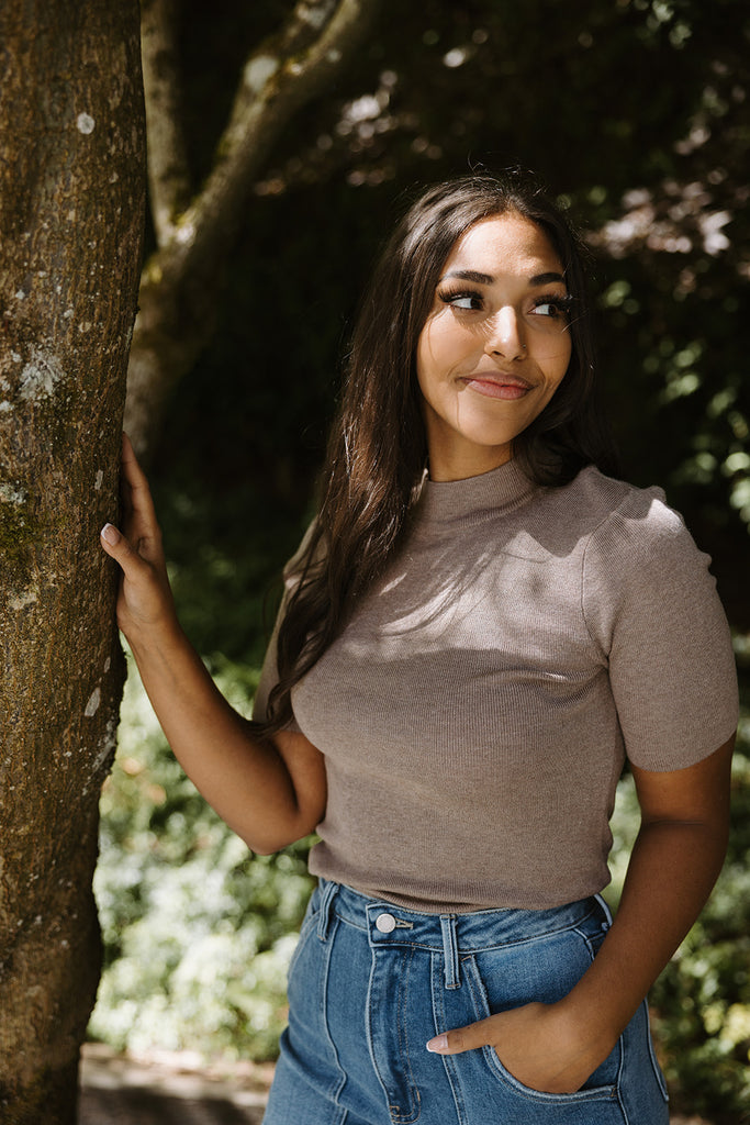 Mock Neck Short Sleeve Sweater - Mocha