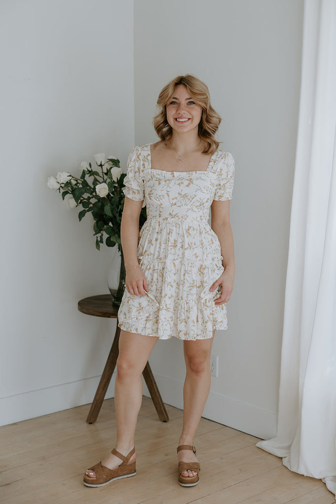 Ruffle Floral Mini Dress - White
