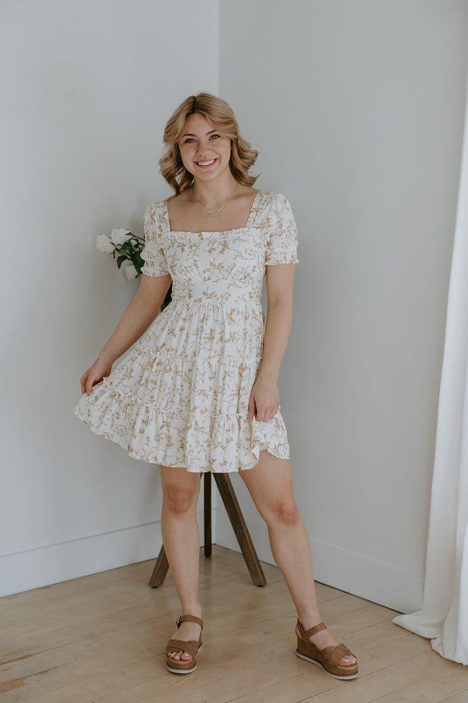 Ruffle Floral Mini Dress - White