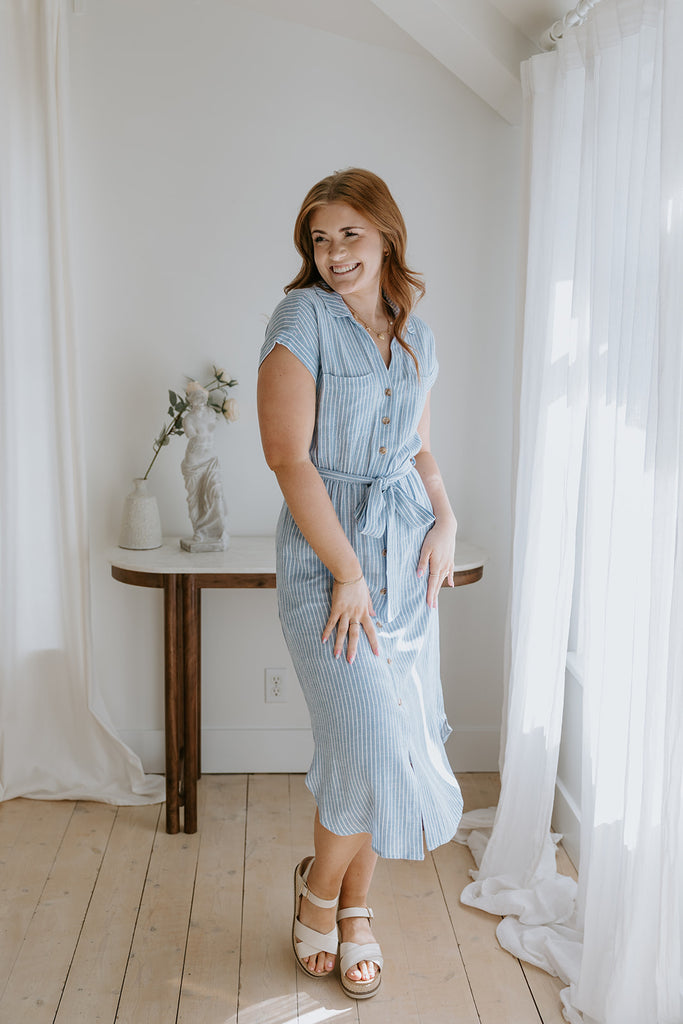 Blue Striped Button Down Midi Dress