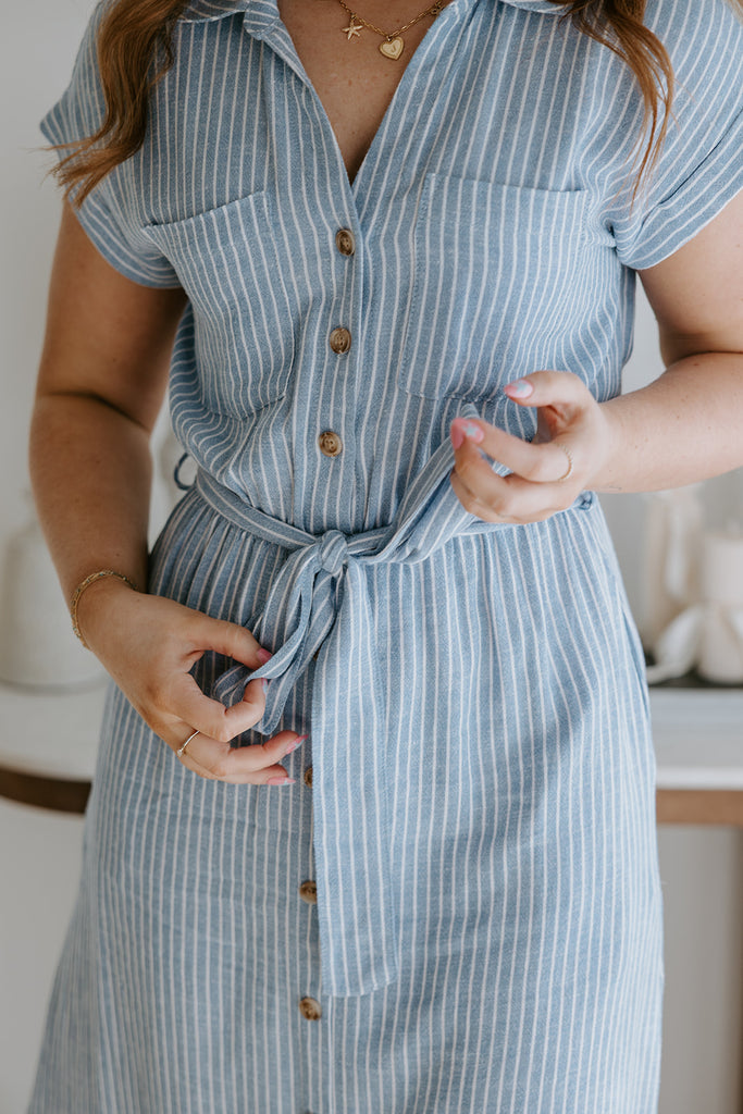 Blue Striped Button Down Midi Dress