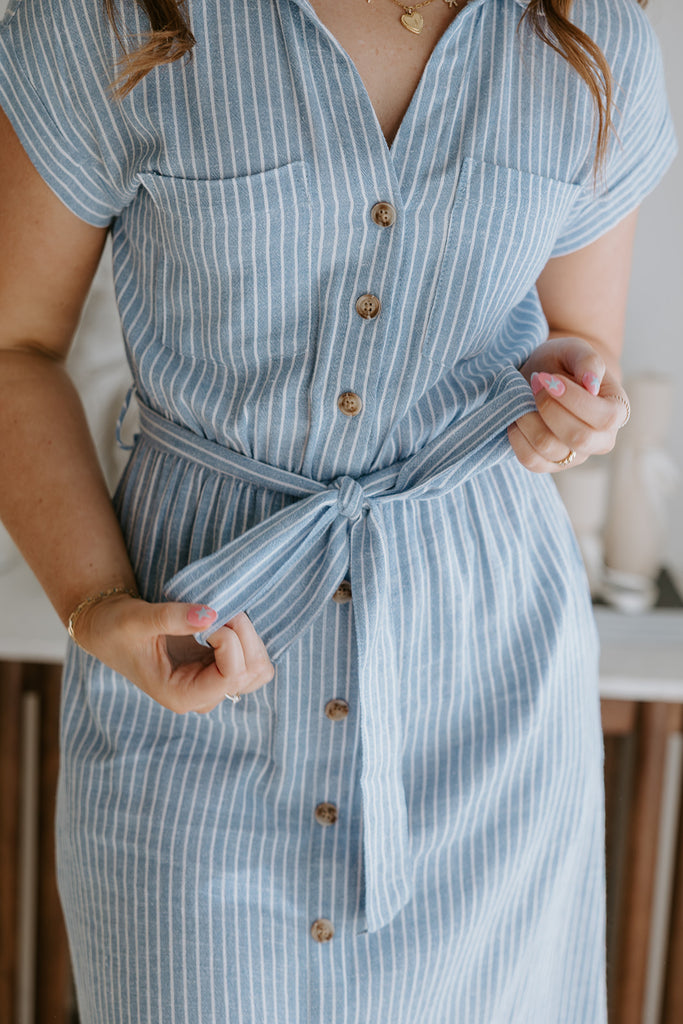 Blue Striped Button Down Midi Dress