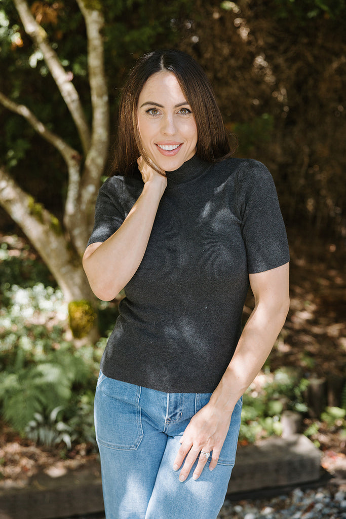 Mock Neck Short Sleeve Sweater - Charcoa