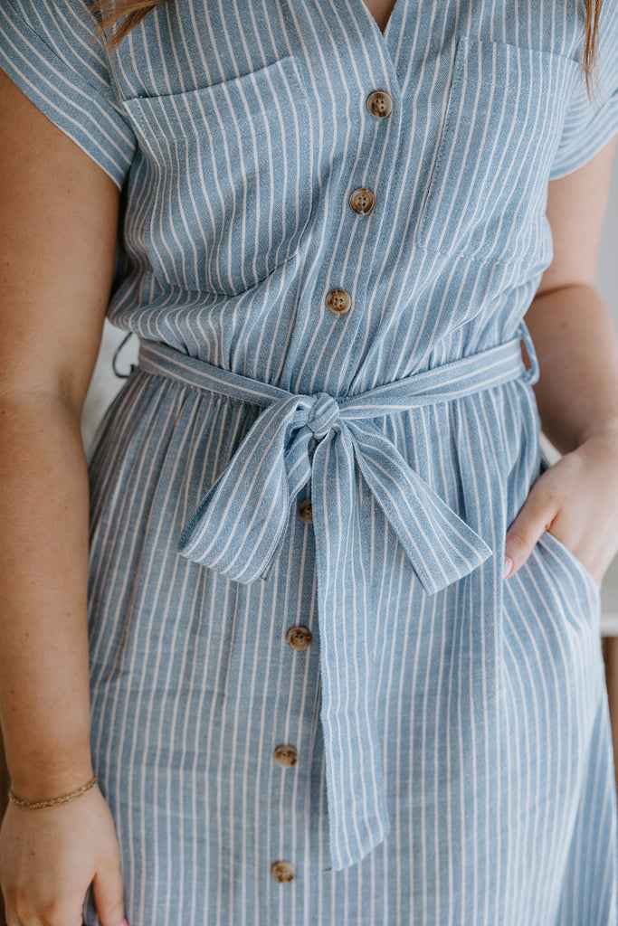 Blue Striped Button Down Midi Dress