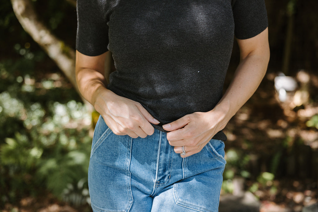 Mock Neck Short Sleeve Sweater - Charcoa