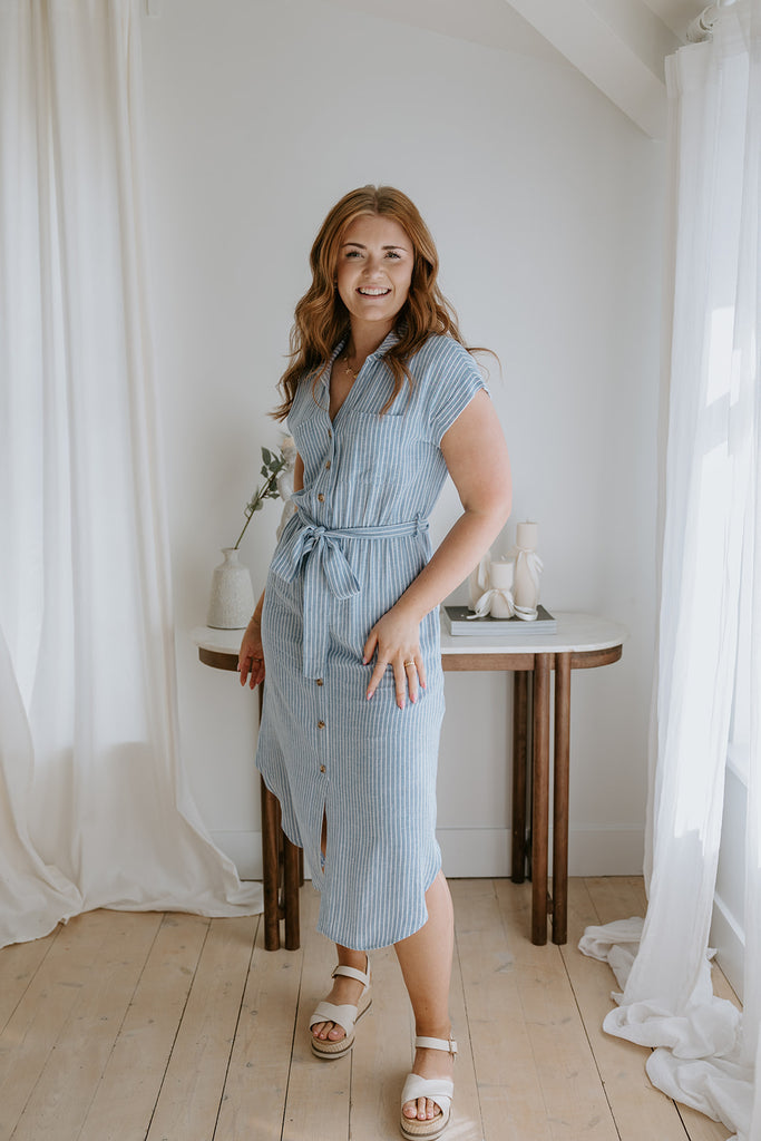 Blue Striped Button Down Midi Dress