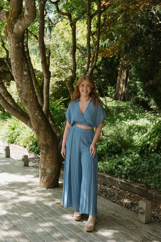 Drape Top with Wide Leg Pant - Linen - Black