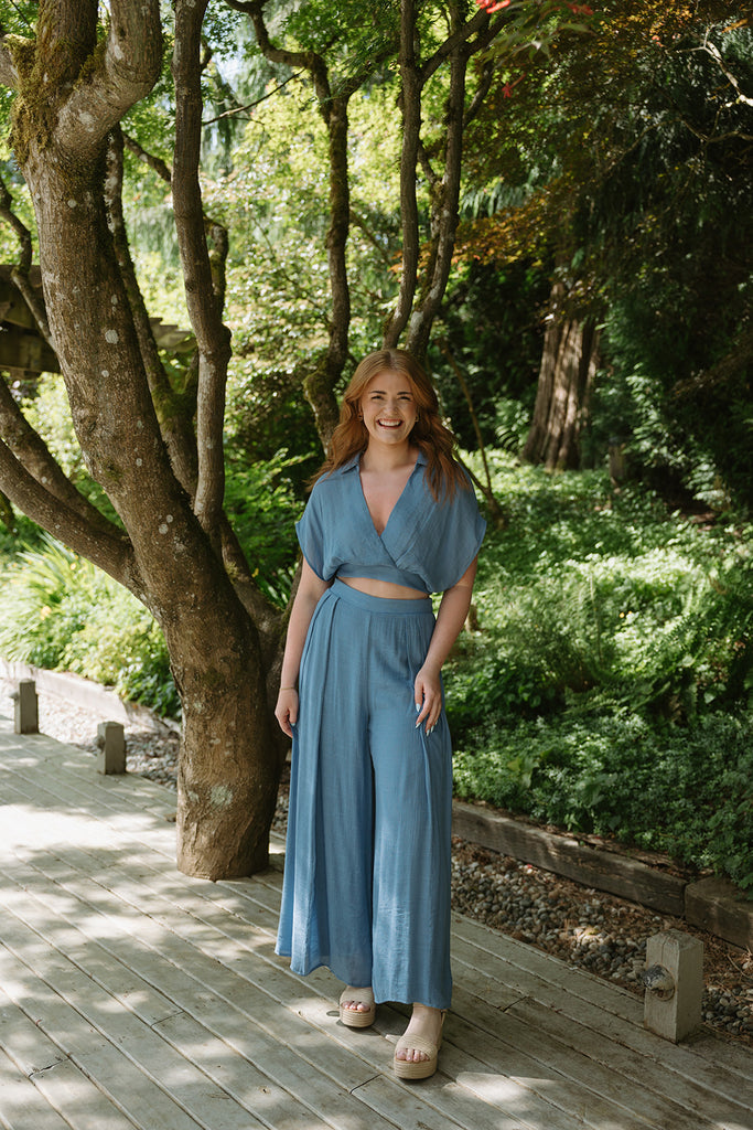 Drape Top with Flowy Pant Set - Blue