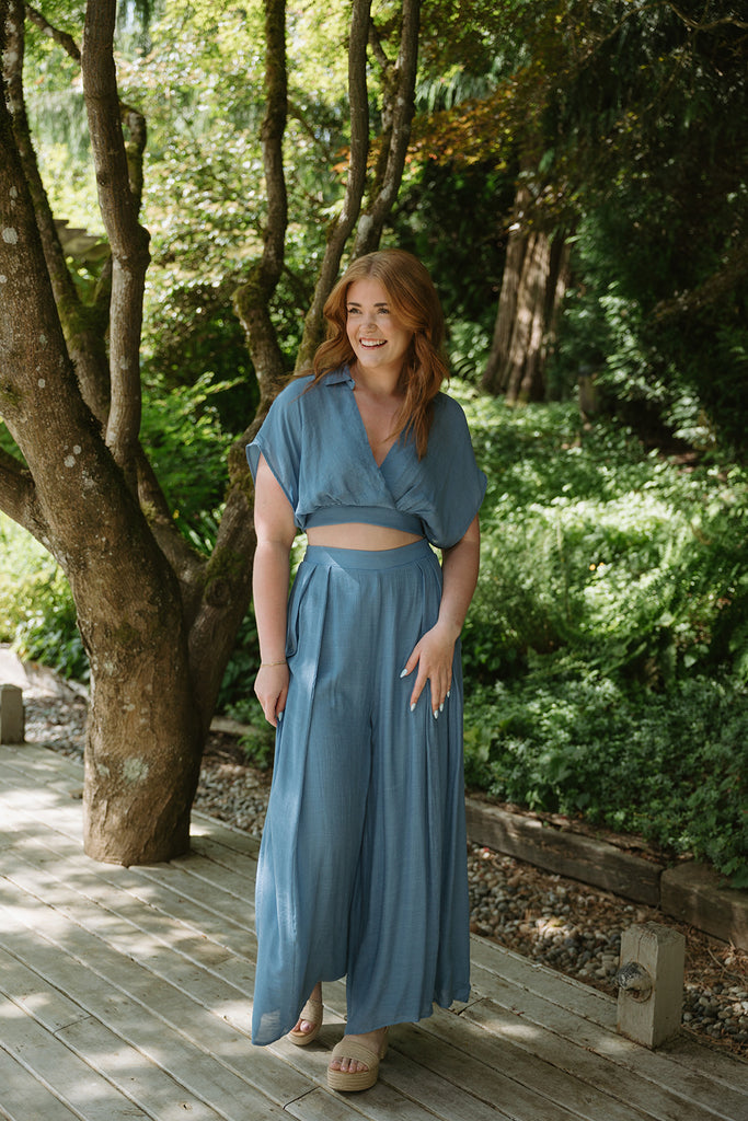 Drape Top with Flowy Pant Set - Blue
