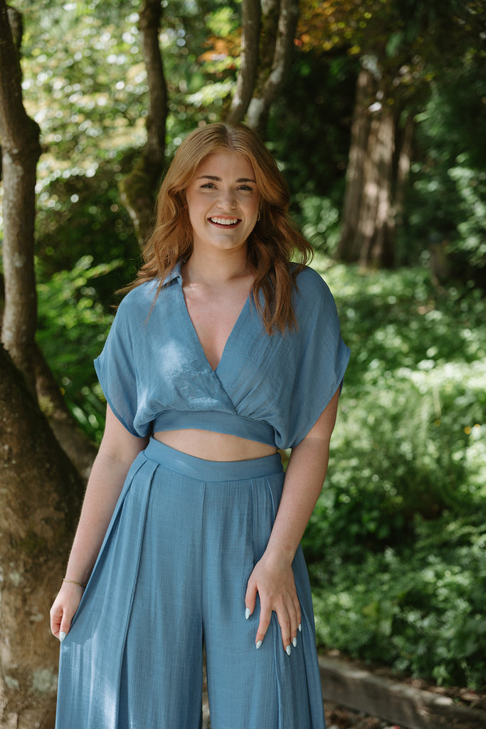 Drape Top with Flowy Pant Set - Blue