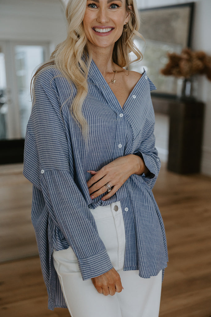 Striped Lightweight Oversized Button Up - Navy/White