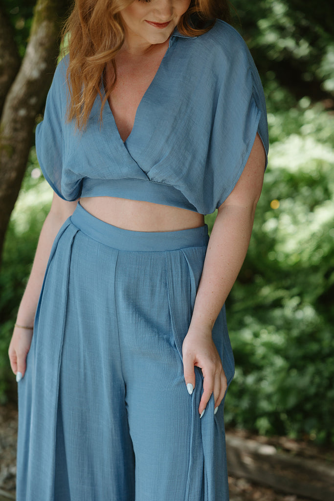 Drape Top with Flowy Pant Set - Blue