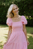 Puff Sleeve Eyelet Smocked Dress - Pink