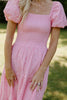 Puff Sleeve Eyelet Smocked Dress - Pink