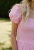 Puff Sleeve Eyelet Smocked Dress - Pink