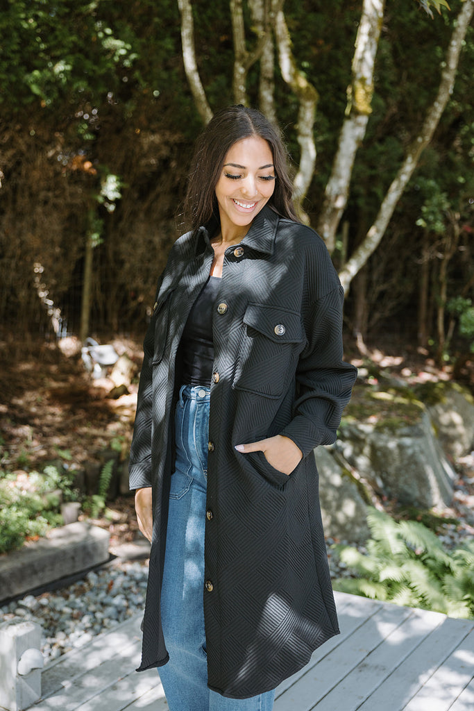 Textured Button Down Jacket - Black