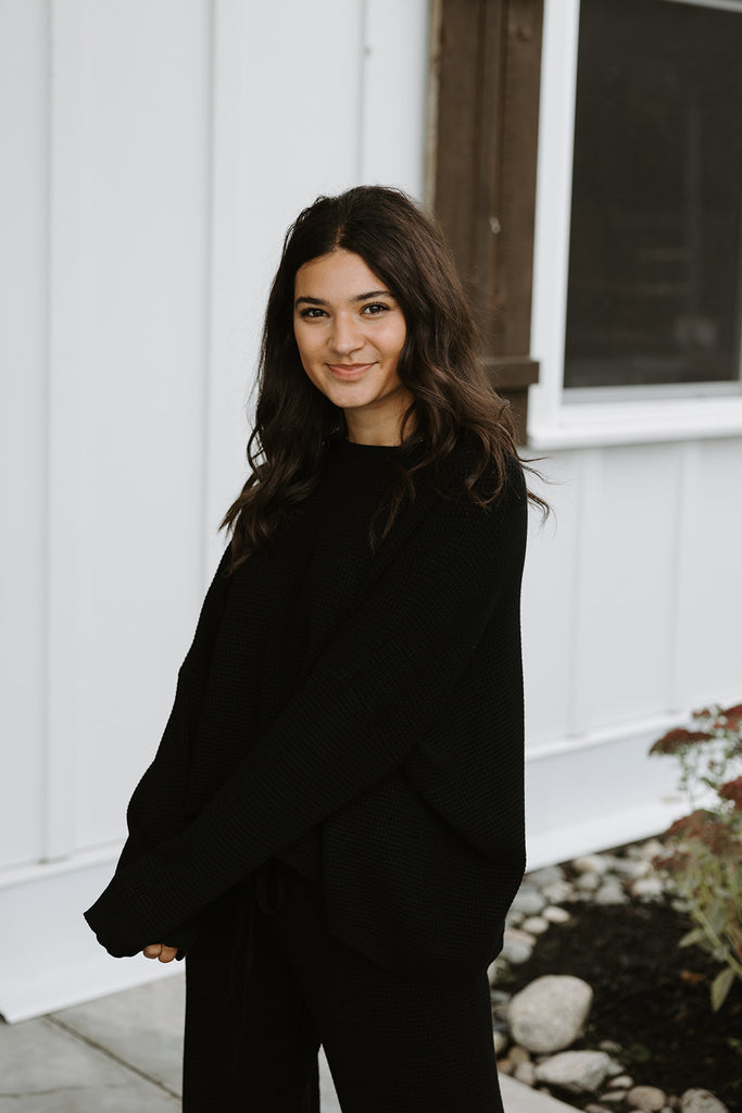 Waffle Textured Sweater & Pant Set - Black
